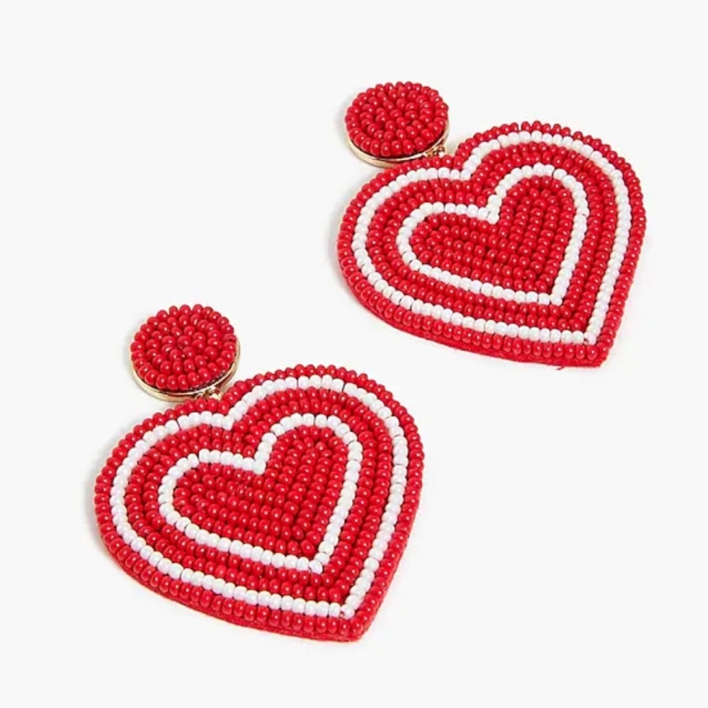🆕 J. Crew Red & White Beaded Heart Dangle Statement Earrings